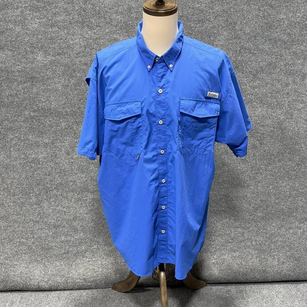 Columbia PFG Shirt Mens 2XL Blue Short Sleeve Vented Fishing Button Up Outdoor